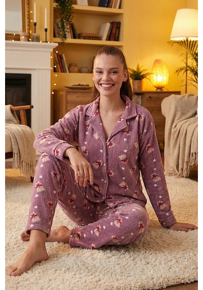 Lela Standart Fit Düğmeli Polarlı Bayan Pijama Takımı 6095615 Lila
