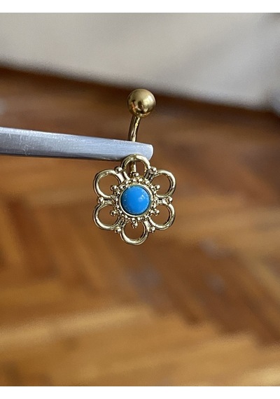 316 L Cerrahi Çelik Gold Rengi Yonca Model Mavi Taşlı Göbek Piercingi Lila