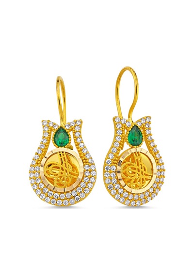 Sembol Gold Altın Tuğralı Küpe Lale Tasarım Zümrütlü Sembol Gold Altın Tuğralı Küpe Lale Tasarım Zümrütlü