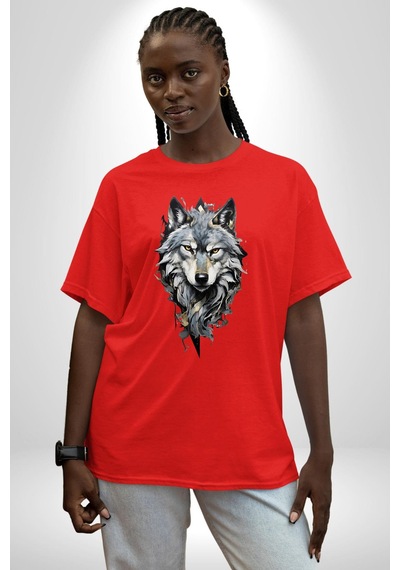 Beyaz Kurt Pamuklu Bisiklet Yaka Unisex Oversize Boyfriend Dijital Baskılı Kırmızı T-shirt Kırmızı