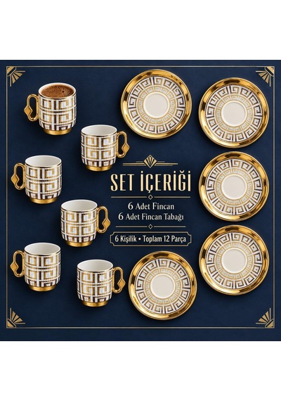 Valkyrie 12 Parça 6 Kişilik 80 Ml Geometrik Desenli Türk Kahvesi Fincan Takımı Gold K651-c