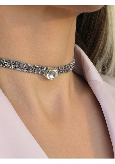 Kordon Zincir Örme Kristal Taşlı El Yapımı Choker Tasma Şeffaf Silver Renk Kolye Şefffaf