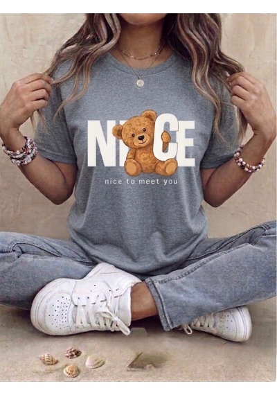 Ayıcık Figürlü Nice To Meet You Yazılı Oversize T-shirt Gri