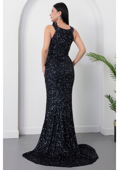Kalopya Halter Yaka Yırtmaçlı Pulpayet Elbise Ecr5482 Lacivert