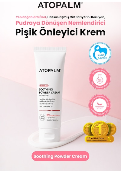 Yenidoğanlara Özel, Pudraya Dönüşen Nemlendirici, Pişik Önleyici Krem Atopalm Soothing Powder Cream