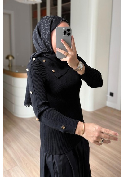 Kahijab Asimetrik Yaka Truvakar Kol Triko Bluz - Siyah