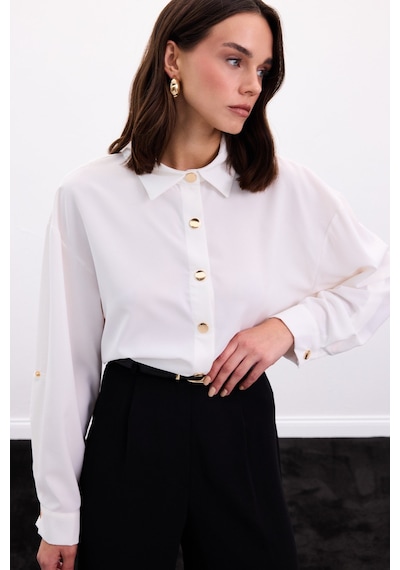 Sateen Çıtçıt Detaylı Gömlek - Ekru-136898 ekru