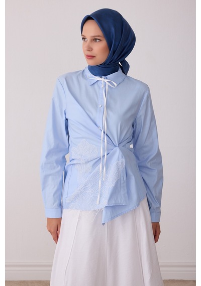 Belli Soyut Desen %100 Twill İpek Eşarp Be28 Mavi