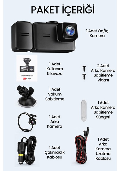 3 Kameralı Wifi Ekran Araç Kamerası Fullhd Geniş Ön + Arka + Araç İçi Kamera Hareket Sensörü Ef1313
