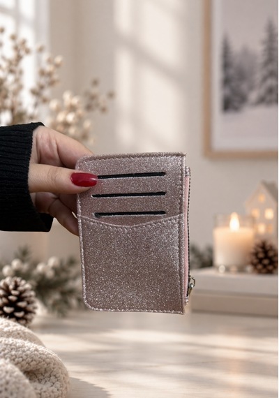 Elpida Bags Kadın Simli Işıltılı Dik Fermuarlı Kartlık Pembe