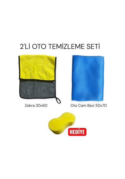 2'li Oto Temizleme Seti, Zebra Bezi 30x60+ Mıkrofıber Cam Bezi 50x70 Araç Yıkama Süngeri