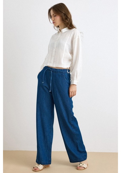 Olcay Beli Lastikli Rahat Kesim Soft Denim Pantolon Koyu Mavi 7587