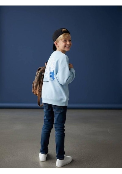 Zekids Erkek Çocuk Sırt Baskılı Tasarım Sweatshirt-16634 Mavi