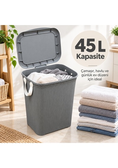 45 L Kapaklı Kirli Çamaşır Sepeti Modern Çizgili Tasarım Taşıma Kulplu Dayanıklı Plastik Banyo, Çamaşır Odası Ve Yatak Odası İçin 40 X 34 X 47 Cm Açık Gri Çok Renkli