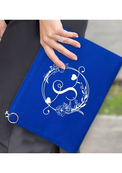 Bk Gift Kişiye Özel Harfli Astarlı Mavi Portföy Çanta 30x21cm, Baskılı El Çantası, Organizer Çanta