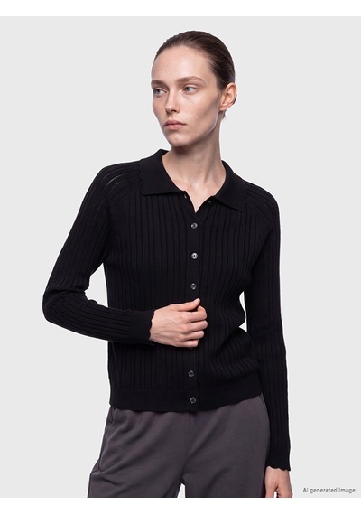 Lcw Modest Siyah Polo Ajurlu Kadın Triko Hırka