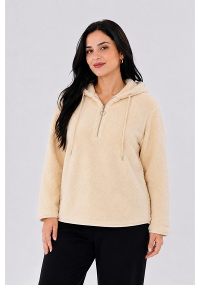 Gülmina Moda Kadın Çift Taraflı Wellsoft Yarım Fermuarlı Kapişonlu Sweat - Krem
