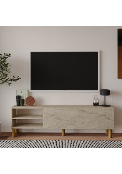 İnarch Dizayn River 150 Cm Modern Tv Sehpası Kapaklı Ve Raflı Tasarım Traverten