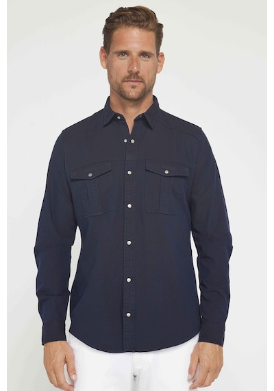 Tudors Erkek Slim Fit Uzun Kollu Spor Yaka Yıkamalı Çift Cepli Armürlü Denim Kot Lacivert Gömlek-31303 Lacivert