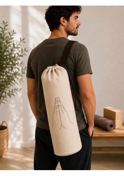 Yoga Mat Taşıma Çantası Hayat Ağacı Lotus Namaste Desenli Hambez Kanvas 70x21 Cm Koyu Kahverengi
