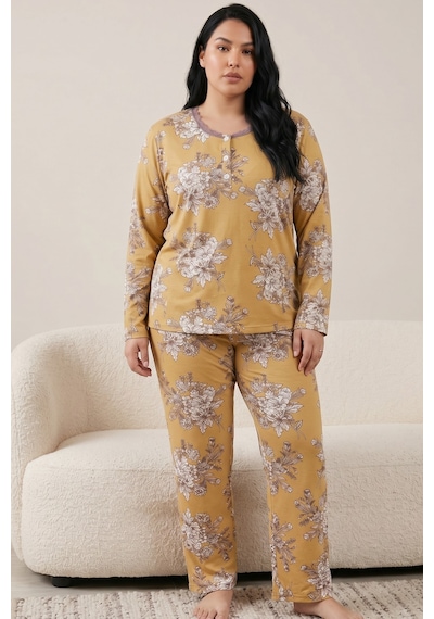 Siyah İnci Pamuklu Likralı Büyük Beden Battal Boy Örme Pijama Takım26240949 Hardal