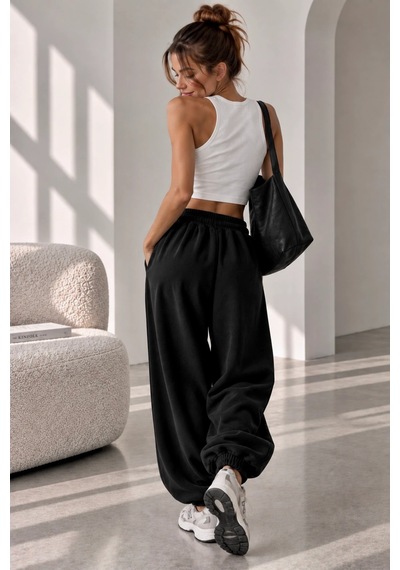 Bb Butik Basic Selanik Kumaş Jogger Pantolon Lastikli Paça Rahat Kesim My3535 Siyah