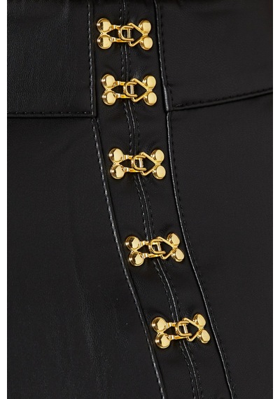 Elisabetta Franchi Deri Görünümlü, Korse Detaylı Fitted Pencil Midi Etek Siyah