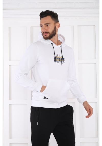 Escetic Spor Erkek Beyaz Cepli, Kapüşonlu Sweatshirt-4163
