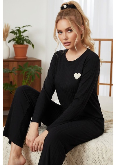 Siyah İnci Fitilli Örme Pijama Takım25226003 Siyah
