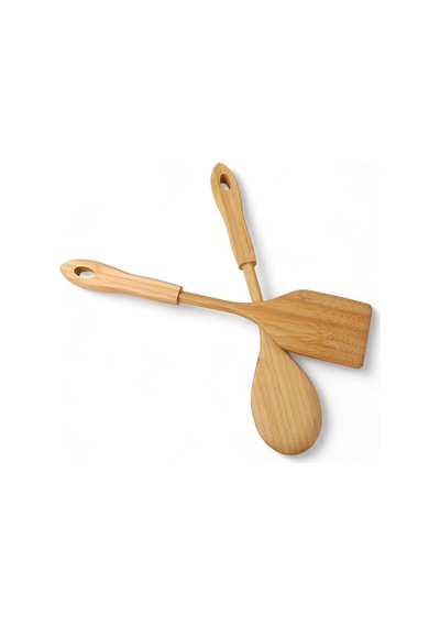 Bambu 2'li Servis Seti, Tavalarınız Ve Kızarmanız İçin Spatula, Servisleriniz İçin Büyük Kaşık Sahte Kahverengi