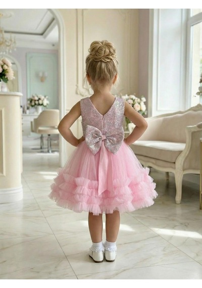 Butikhappykids Kız Çocuk Pembe Payetli Volanlı Tüllü Prenses Abiye Elbise 1-5 Yaş Pembe