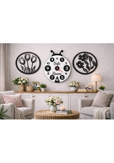 Duvar Saati 40 Cm Çiçekler 30 Cm Canım Ailem Temalı No52 Çok Renkli
