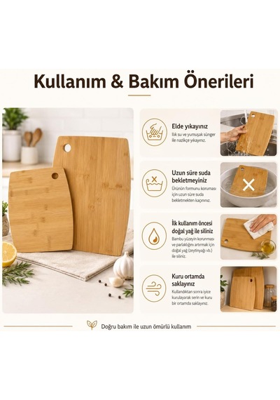 Bambu Kesme Tahtası 2'li Set - Doğal Ahşap Kesme Ve Sunum Tahtası - Büyük Küçük Boy - Bıçak Dostu Yüzey - As Diğer