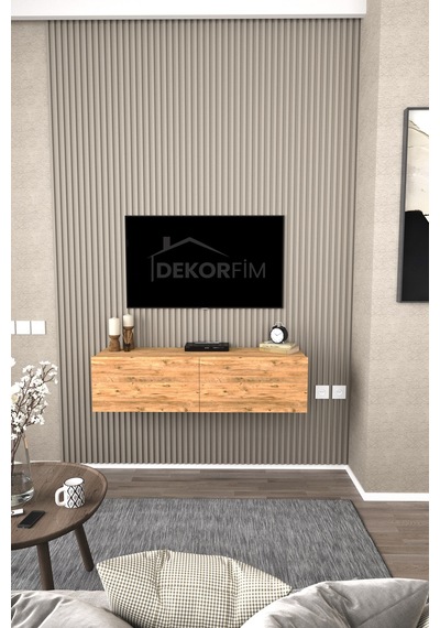 Df17101 Duvara Monte Tv Ünitesi Kapaklı Raflı Tv Sehpası Modern Duvar Raflı Tv Alt Ünitesi Atlantik Çam Çok Renkli