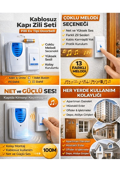 Kablosuz Kapı Zili Seti Pilli Ev Tipi Doorbell Çoklu Melodi S