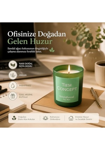 Tiem Concept Kokulu Mum - 150 Gr Cam Bardak Sandal Ağacı Kokulu Mum /%100 Doğal Soya Mumu / Özel Hediye Kutulu / Veg Çok Renkli
