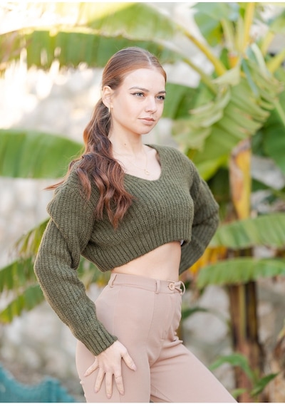 Örme Crop Kazak Haki