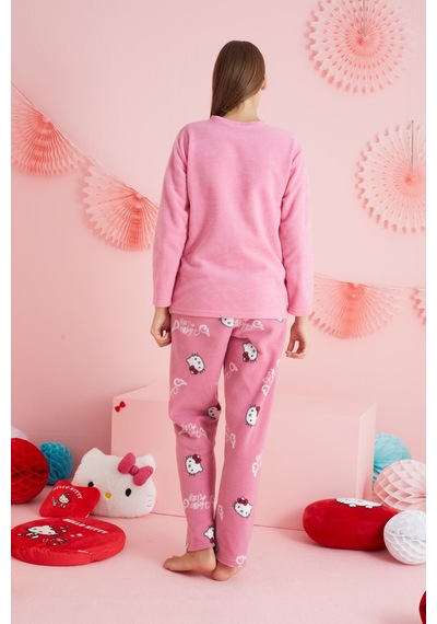 Siyah İnci Lisanslı Polar Çok Renkli Nakışlı Bisklet Yaka Pijama Takım Hk311 Pembe