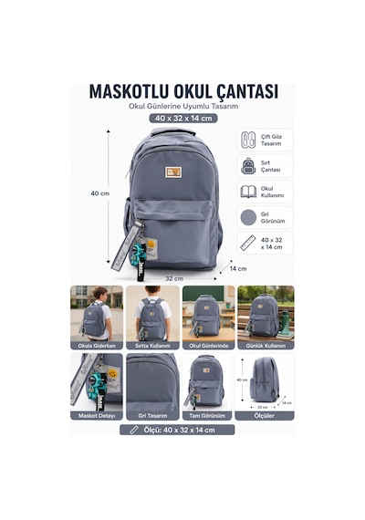 Maskotlu Gri Çift Göz Okul Çantası Lüks Öğrenci Günlük Sırt Çantası 40x32x14 Cm Çok Renkli