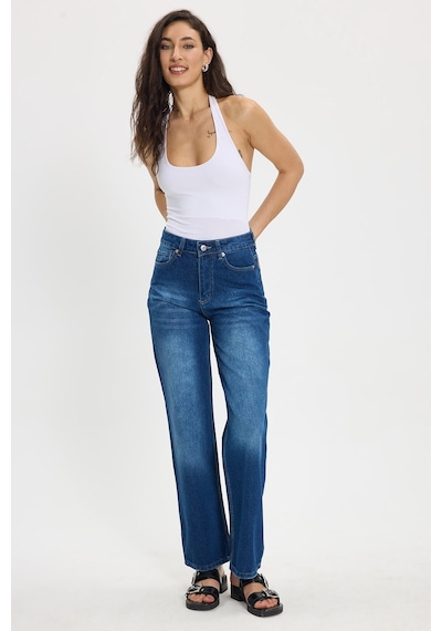 Tudors Kadın Relax Fit Rahat Kesim %100 Pamuk Cepli Geniş Paça Lacivert Jean Kot Pantolon-50734