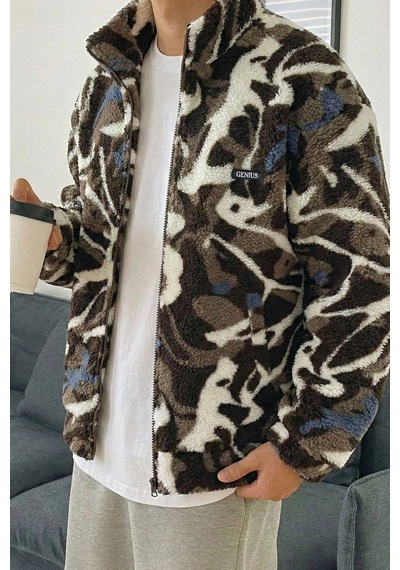 Genius Store Oversize Peluş Tam Fermuarlı Sweatshirt Peluş İçi Polarlı Sherpa Kumaş Sweatshirt Taş