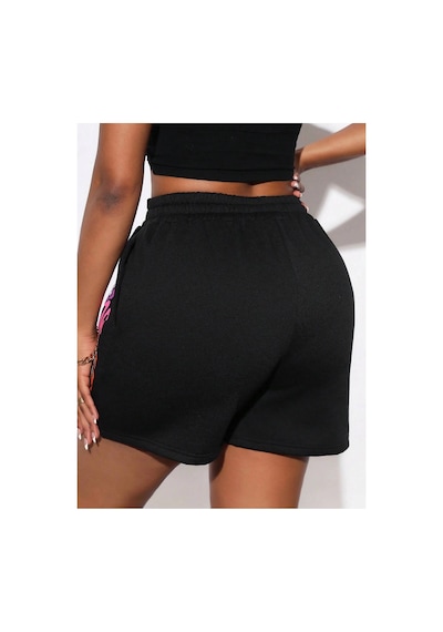 Tarzsokak Slayr Slogan Graphic Elastic Waist Şort Siyah