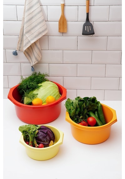 Esti 3 Boy Kalın Dayanıklı Plastik Badya Seti Çok Amaçlı Salata / Yıkama / Saklama / Hazırlık Kabı Sarı-turuncu-kırmızı