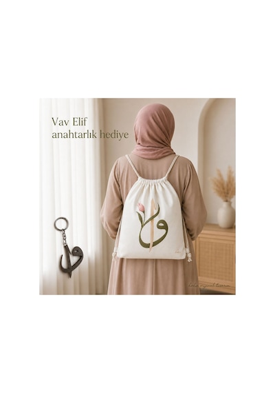 Hodie Vav Elif Baskılı Büzgülü Sırt Çantası Hac Ve Umre Seyahat Çantası 40x45 Cm 180 Gr Kalın Kumaş Günlük Kullanım Ekru - 918066712 Ekru - 918066712 Ekru