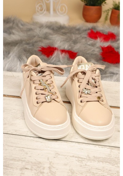 Taş Aksesuarlı Sneakers Krem-Krem