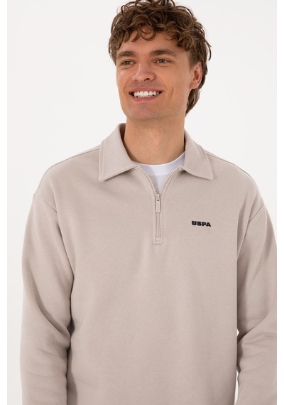 U.S. Polo Assn. Erkek Regular Fit Yarım Fermuarlı Şardonlu Taş Basic Sweatshirt 50313783-VR049