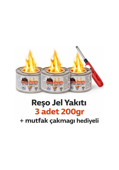 Çakmak Hediyeli Reşo Jel Yakıt Teneke Kutu 200 Gr Net 3 Adet Osmalı Ocak Yakıtı Kanp Piknik Yakıtı
