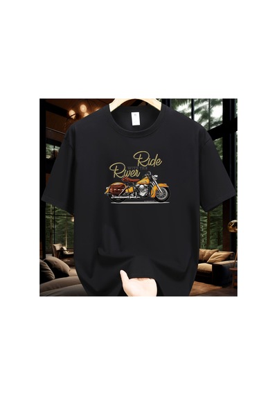 Caddemia Yaz Moda Rahat Gevşek Büyük Boy Klasik Motosiklet Desen Baskılı Yuvarlak Yak Siyah 2XL Caddemia Yaz Moda Rahat Gevşek Büyük Boy Klasik Motosiklet Desen Baskılı Yuvarlak Yak Siyah 2XL