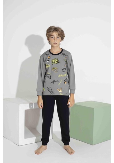 Aykıds Erkek Çocuk Baskılı Uzun Kollu Pijama Takımı Mevsimlik 74131-y Gri