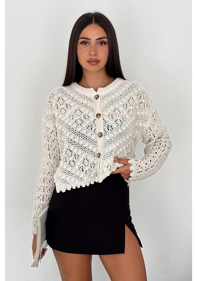 Noa & Noa Kadın Örgü Detaylı Düğmeli Hırka Cream Lace Beyaz
